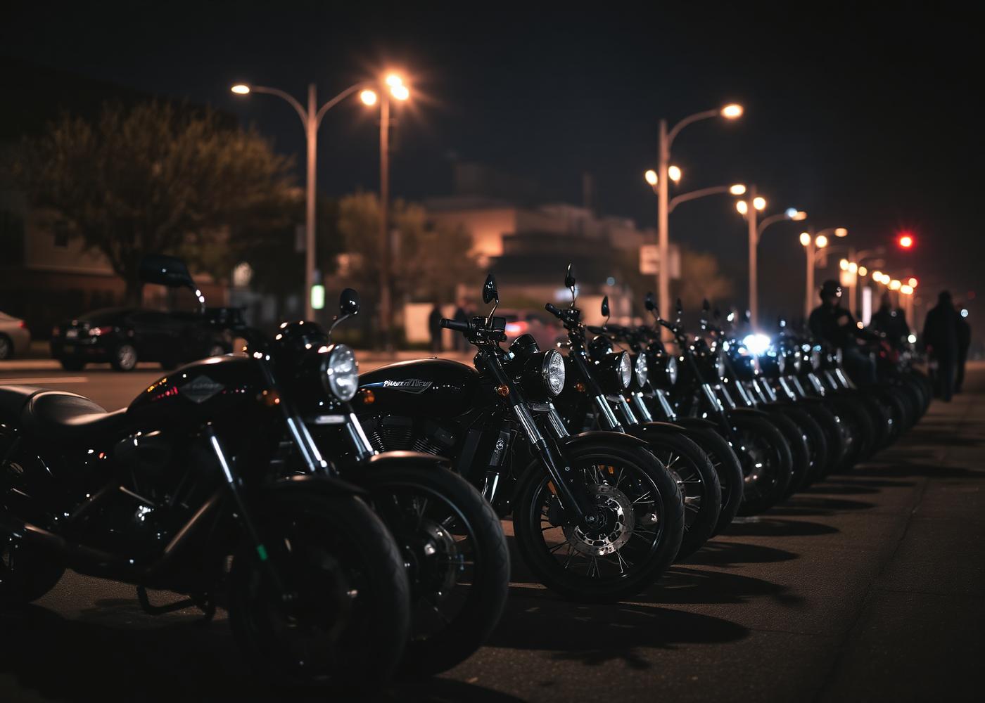 Motorcycles lined up at a night meet