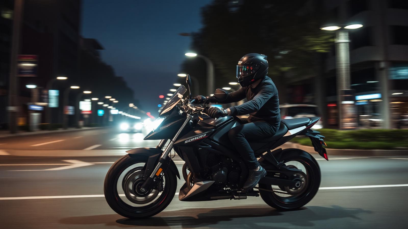 Motorcycle rider on a city street at night